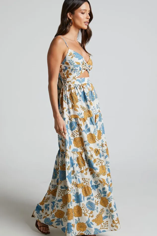 Amalie The Label 8211 Emerita Linen Blend Sweetheart Twist Front Tie Back Midi Dress In Valencia Floral Women Showpo Curve Clothes