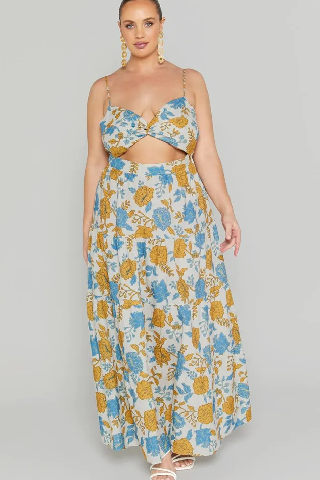 Amalie The Label 8211 Emerita Linen Blend Sweetheart Twist Front Tie Back Midi Dress In Valencia Floral Women Showpo Curve Clothes