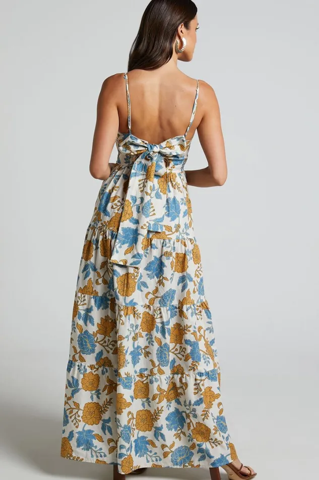Amalie The Label 8211 Emerita Linen Blend Sweetheart Twist Front Tie Back Midi Dress In Valencia Floral Women Showpo Curve Clothes