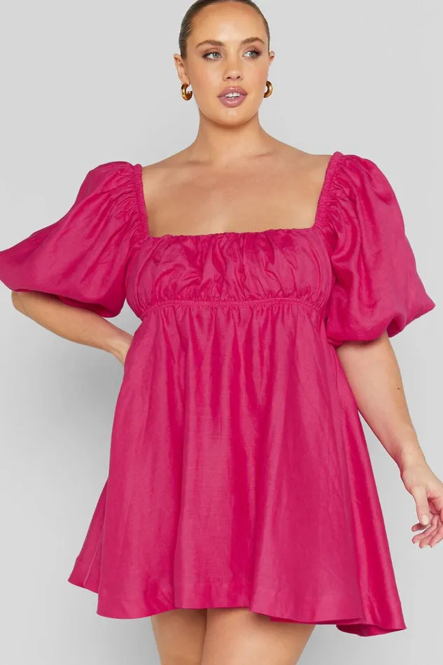 Amalie The Label 8211 Hamyya Linen Tie Back Puff Sleeve Mini Dress In Magenta Women Showpo Curve Clothes