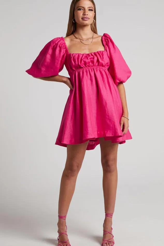 Amalie The Label 8211 Hamyya Linen Tie Back Puff Sleeve Mini Dress In Magenta Women Showpo Curve Clothes