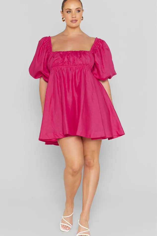 Amalie The Label 8211 Hamyya Linen Tie Back Puff Sleeve Mini Dress In Magenta Women Showpo Curve Clothes