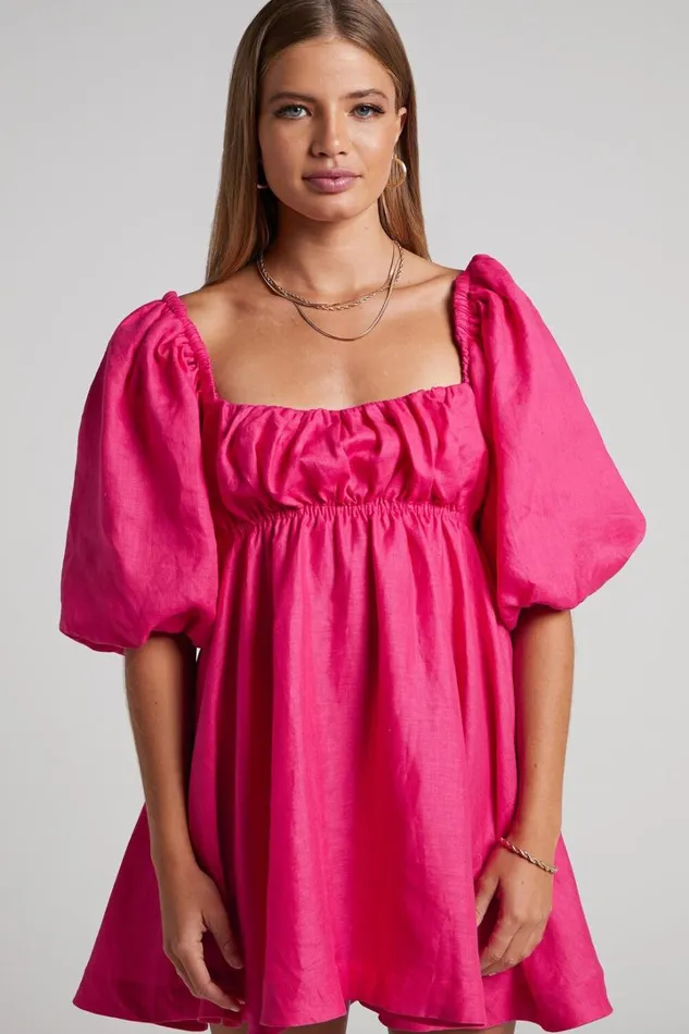 Amalie The Label 8211 Hamyya Linen Tie Back Puff Sleeve Mini Dress In Magenta Women Showpo Curve Clothes