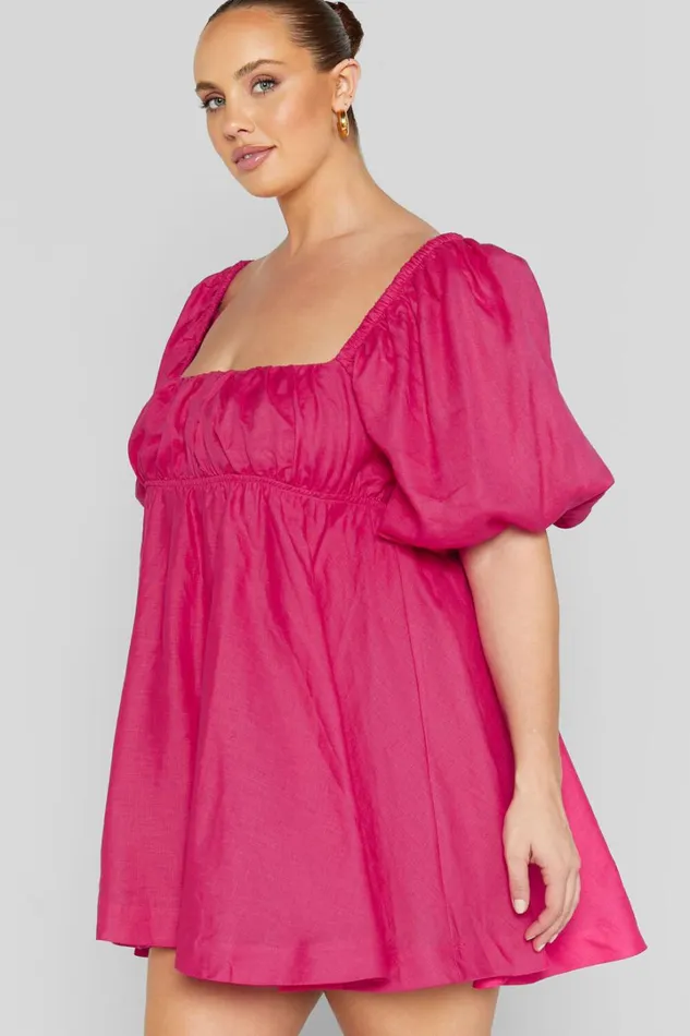 Amalie The Label 8211 Hamyya Linen Tie Back Puff Sleeve Mini Dress In Magenta Women Showpo Curve Clothes