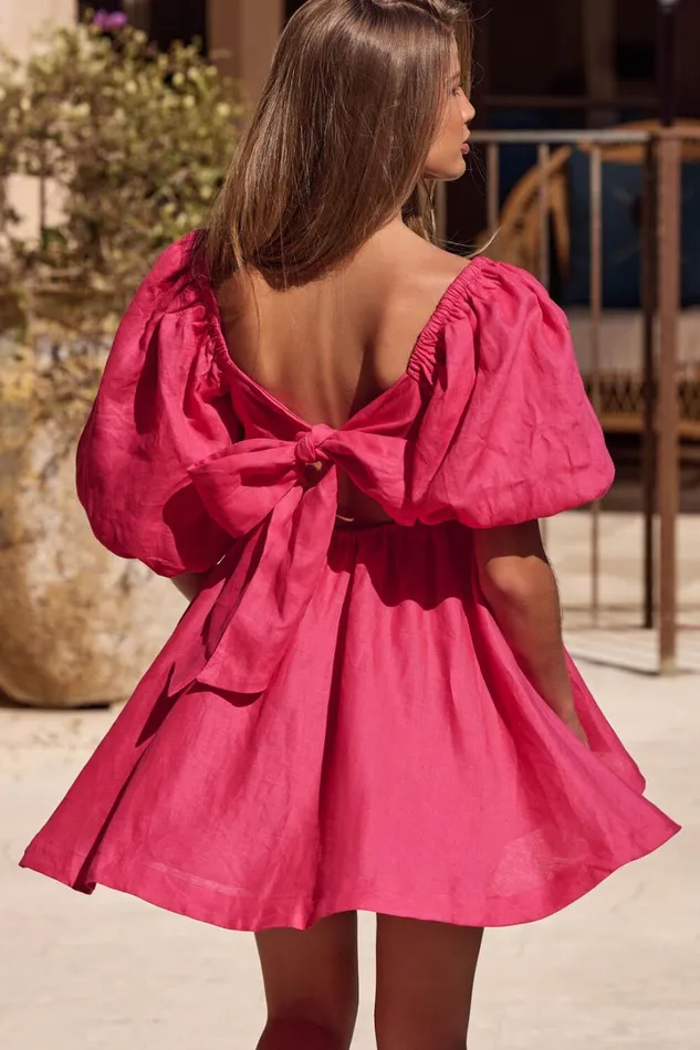 Amalie The Label 8211 Hamyya Linen Tie Back Puff Sleeve Mini Dress In Magenta Women Showpo Curve Clothes