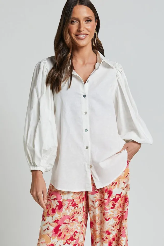 Amalie The Label 8211 Janae Linen Blend Collared Puff Sleeve Button Up Shirt In Ivory Women Showpo Tops