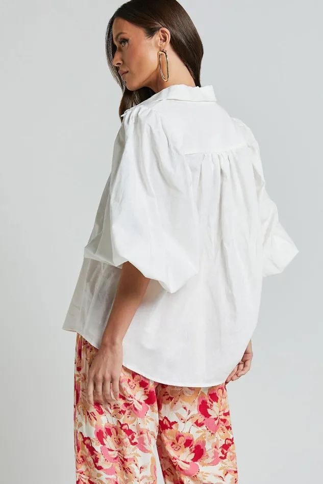 Amalie The Label 8211 Janae Linen Blend Collared Puff Sleeve Button Up Shirt In Ivory Women Showpo Tops