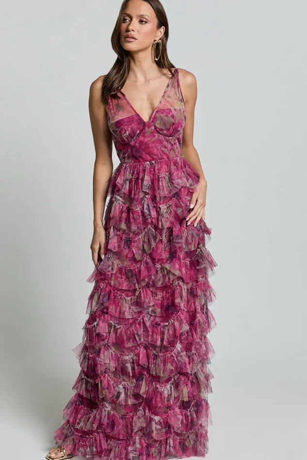 Amalie The Label 8211 Josette Tulle Tiered Maxi Dress In Pink Floral Women Showpo Dresses