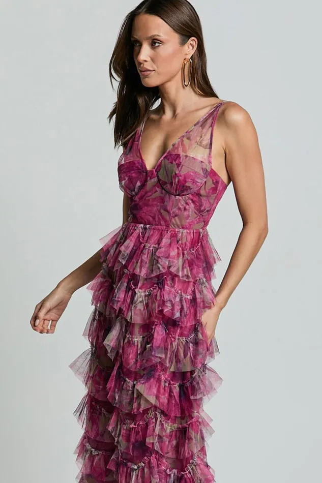Amalie The Label 8211 Josette Tulle Tiered Maxi Dress In Pink Floral Women Showpo Dresses