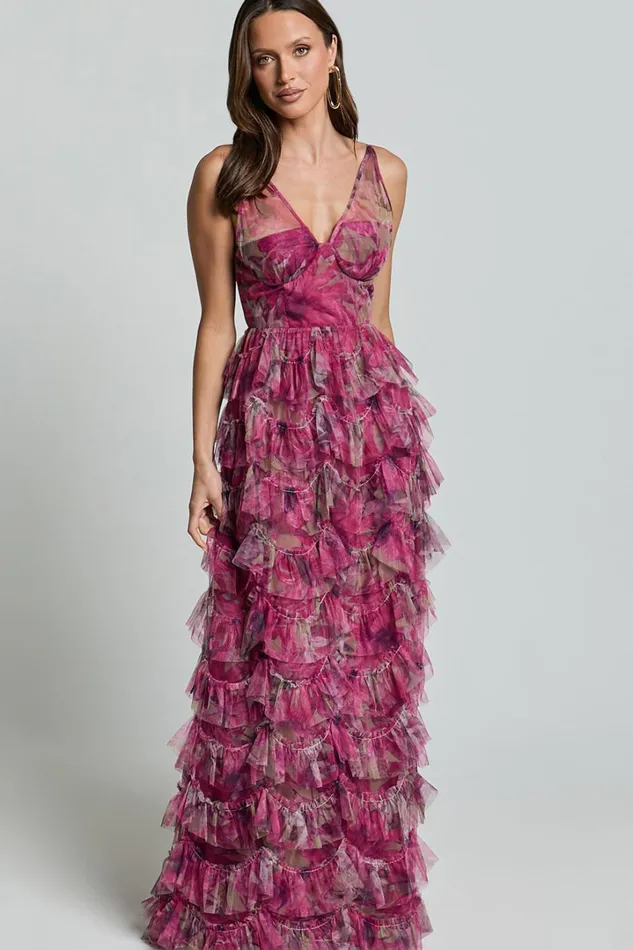 Amalie The Label 8211 Josette Tulle Tiered Maxi Dress In Pink Floral Women Showpo Dresses