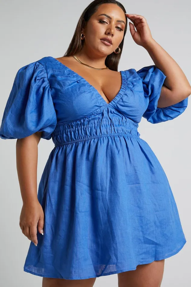 Amalie The Label 8211 Khaila Linen Plunge Puff Sleeve Mini Dress In Blue Women Showpo Curve Clothes
