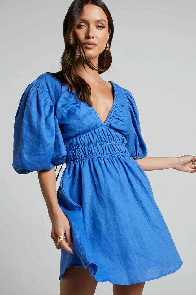 Amalie The Label 8211 Khaila Linen Plunge Puff Sleeve Mini Dress In Blue Women Showpo Curve Clothes