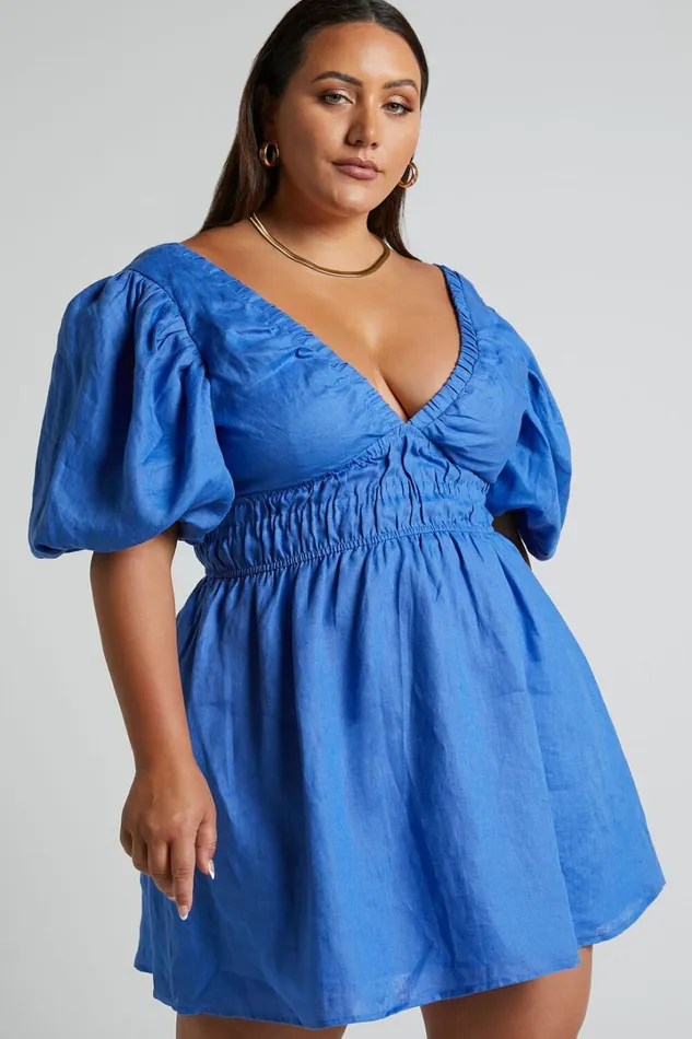 Amalie The Label 8211 Khaila Linen Plunge Puff Sleeve Mini Dress In Blue Women Showpo Curve Clothes
