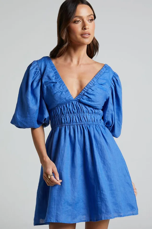Amalie The Label 8211 Khaila Linen Plunge Puff Sleeve Mini Dress In Blue Women Showpo Curve Clothes