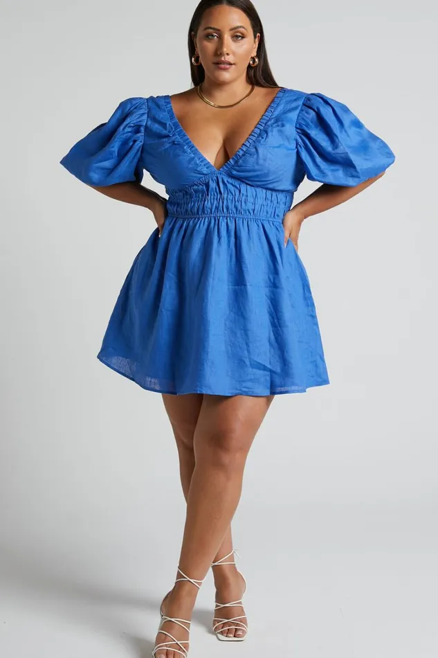 Amalie The Label 8211 Khaila Linen Plunge Puff Sleeve Mini Dress In Blue Women Showpo Curve Clothes