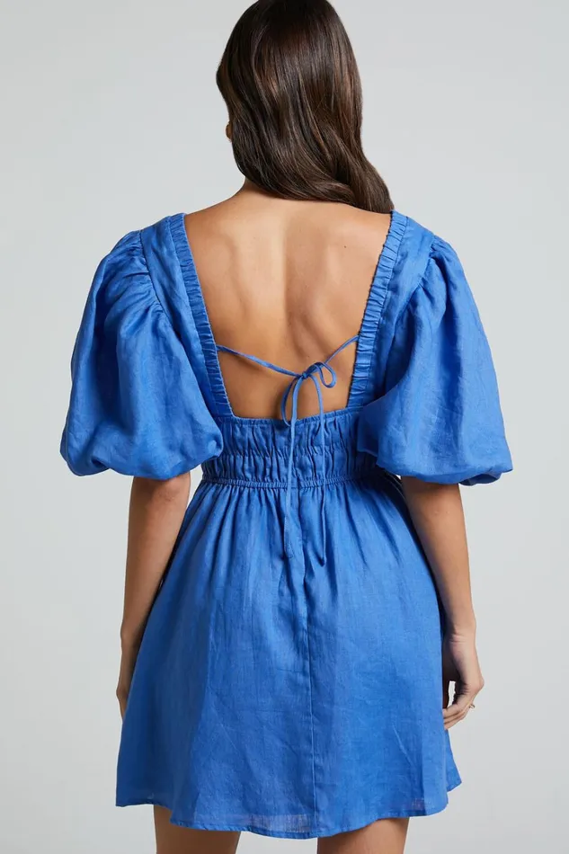 Amalie The Label 8211 Khaila Linen Plunge Puff Sleeve Mini Dress In Blue Women Showpo Curve Clothes