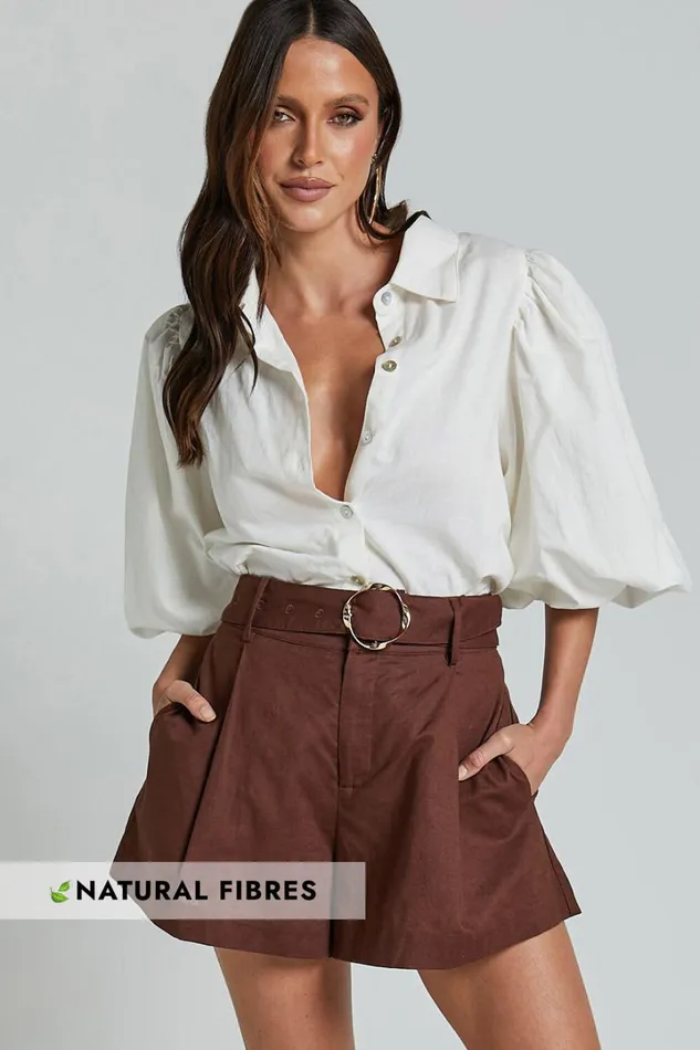 Amalie The Label 8211 Noemie Linen Blend High Waisted Belted Tailored Shorts In Chocolate Women Showpo Shorts