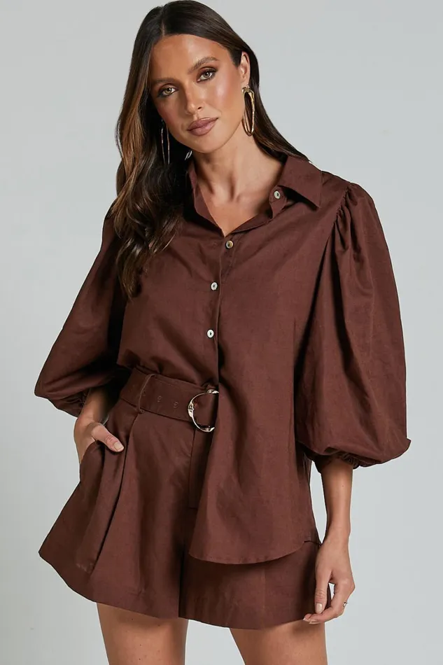 Amalie The Label 8211 Noemie Linen Blend High Waisted Belted Tailored Shorts In Chocolate Women Showpo Shorts