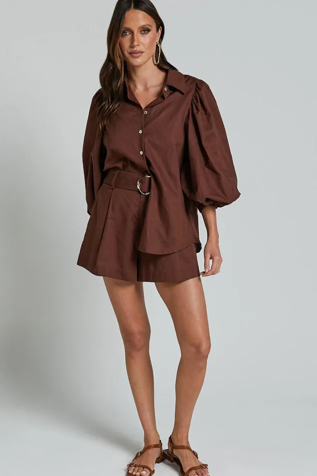 Amalie The Label 8211 Noemie Linen Blend High Waisted Belted Tailored Shorts In Chocolate Women Showpo Shorts