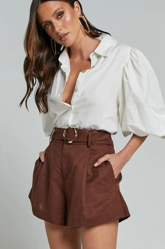 Amalie The Label 8211 Noemie Linen Blend High Waisted Belted Tailored Shorts In Chocolate Women Showpo Shorts