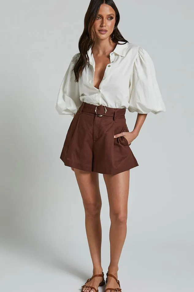 Amalie The Label 8211 Noemie Linen Blend High Waisted Belted Tailored Shorts In Chocolate Women Showpo Shorts