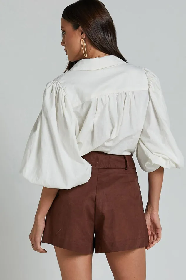 Amalie The Label 8211 Noemie Linen Blend High Waisted Belted Tailored Shorts In Chocolate Women Showpo Shorts