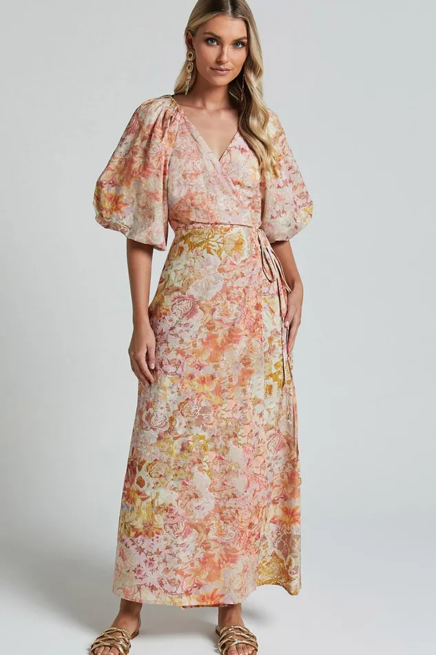 Amalie The Label 8211 Santana Linen Blend Puff Sleeve Wrap Midi Dress In Morocco Print Women Showpo Dresses