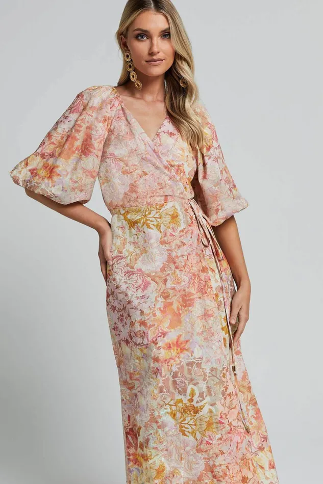 Amalie The Label 8211 Santana Linen Blend Puff Sleeve Wrap Midi Dress In Morocco Print Women Showpo Dresses