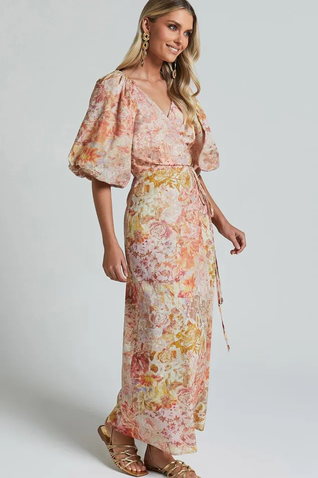 Amalie The Label 8211 Santana Linen Blend Puff Sleeve Wrap Midi Dress In Morocco Print Women Showpo Dresses
