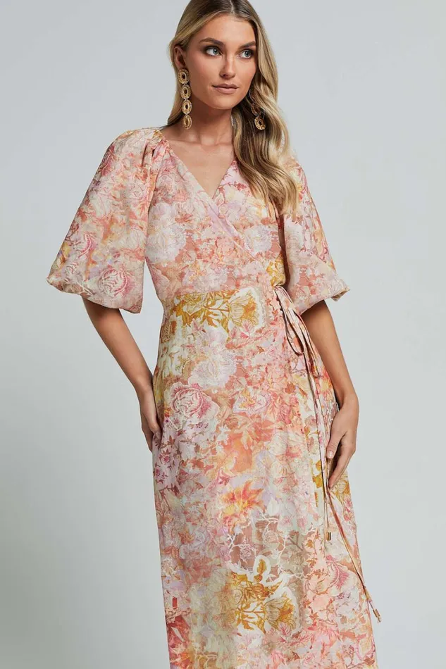 Amalie The Label 8211 Santana Linen Blend Puff Sleeve Wrap Midi Dress In Morocco Print Women Showpo Dresses