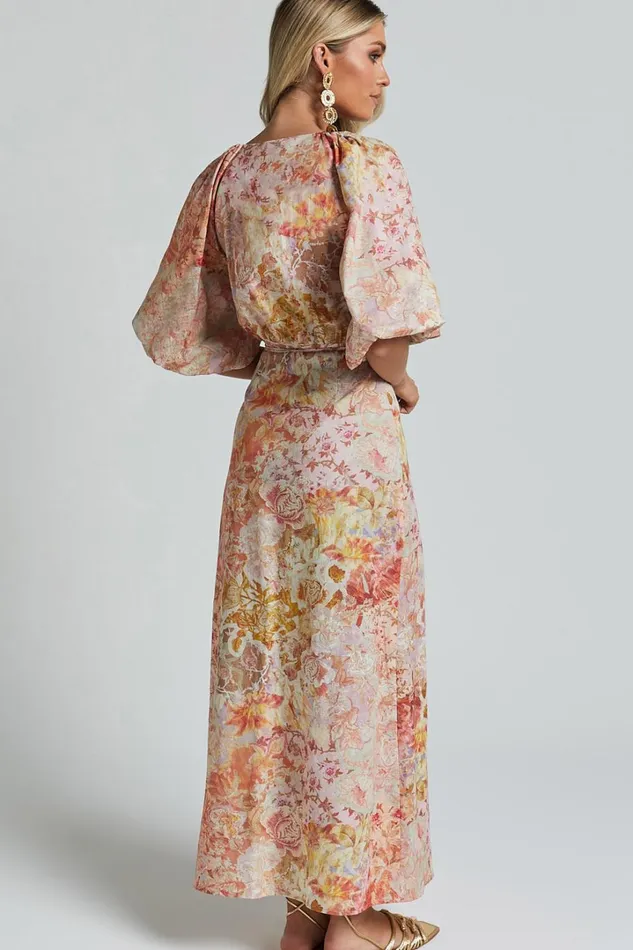 Amalie The Label 8211 Santana Linen Blend Puff Sleeve Wrap Midi Dress In Morocco Print Women Showpo Dresses
