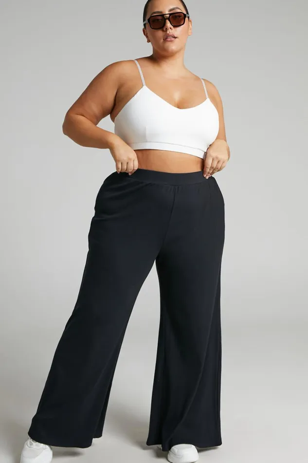 Amalthea Pants 8211 High Waisted Jersey Rib Wide Leg Pants In Black Women Showpo Loungewear