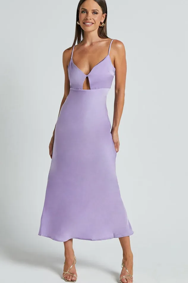 Amitola Midi Dress 8211 V Neck Cut Out Slip Dress In Lilac Women Showpo Dresses