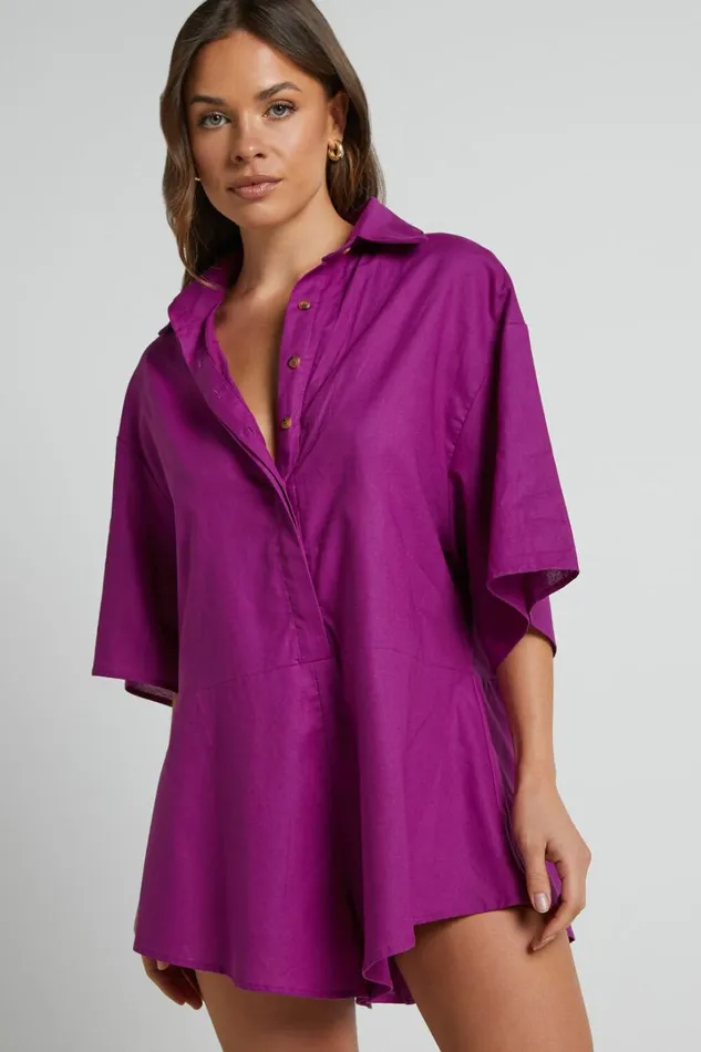 Ankana Playsuit 8211 Short Sleeve Relaxed Button Front Playsuit In Magenta Women Showpo Rompers Ankana Playsuit 8211 Short Sleeve Relaxed Button Front Playsuit In Magenta Women Showpo Rompers