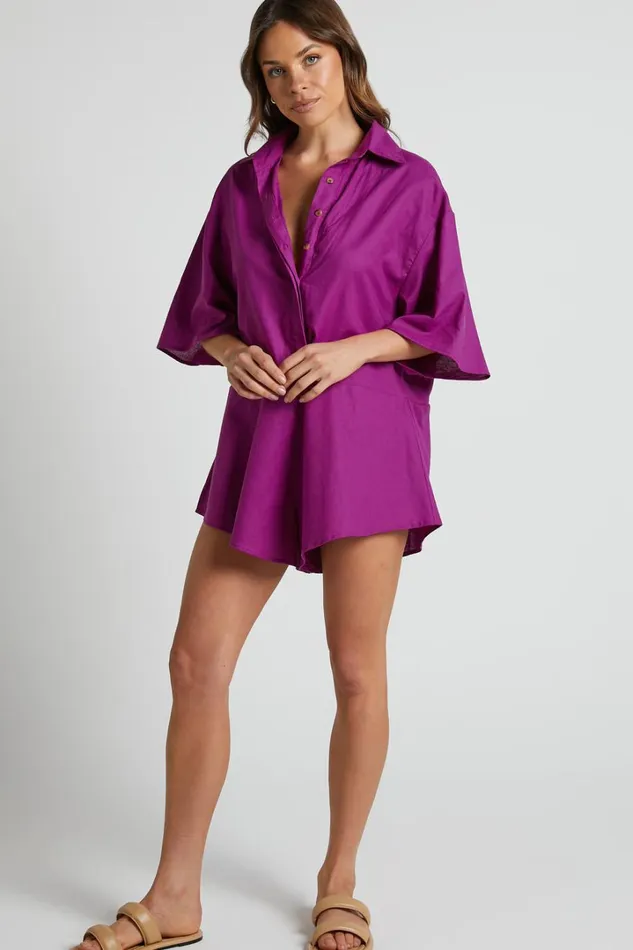 Ankana Playsuit 8211 Short Sleeve Relaxed Button Front Playsuit In Magenta Women Showpo Rompers