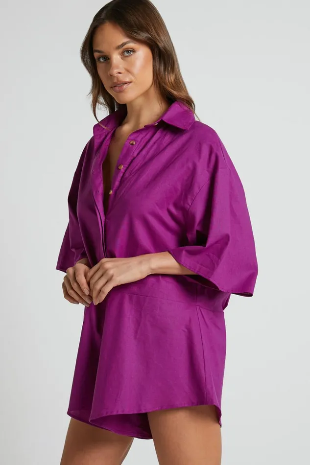 Ankana Playsuit 8211 Short Sleeve Relaxed Button Front Playsuit In Magenta Women Showpo Rompers