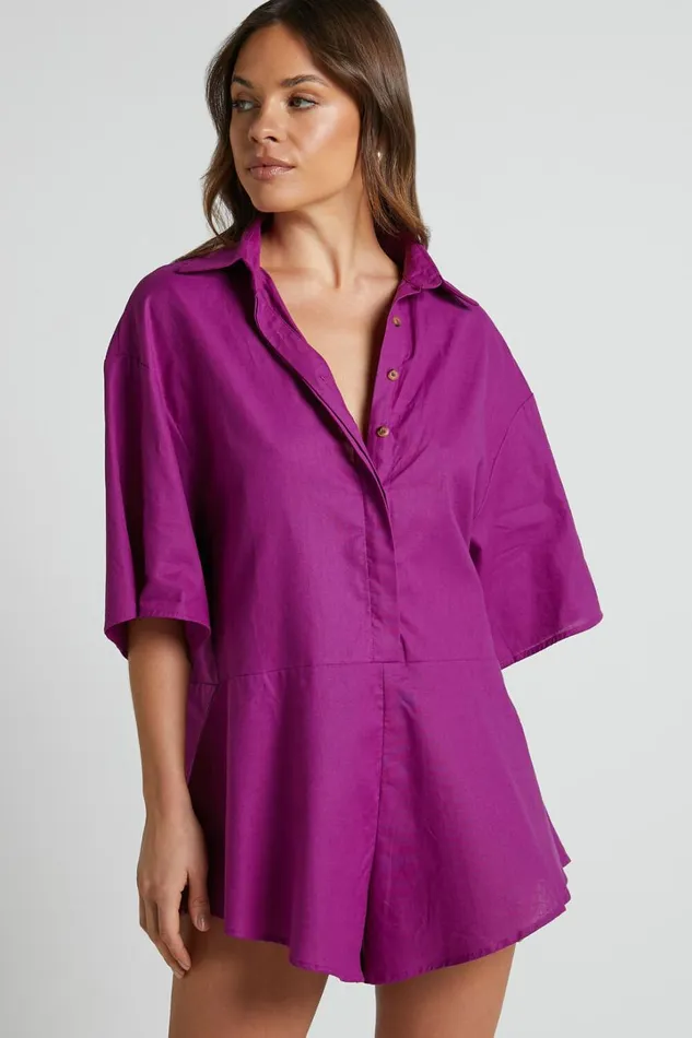 Ankana Playsuit 8211 Short Sleeve Relaxed Button Front Playsuit In Magenta Women Showpo Rompers