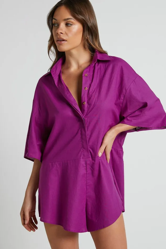 Ankana Playsuit 8211 Short Sleeve Relaxed Button Front Playsuit In Magenta Women Showpo Rompers