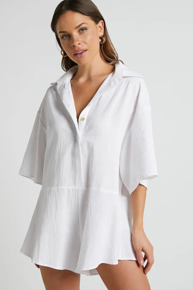 Ankana Playsuit 8211 Short Sleeve Relaxed Button Front Playsuit In White Women Showpo Rompers Ankana Playsuit 8211 Short Sleeve Relaxed Button Front Playsuit In White Women Showpo Rompers