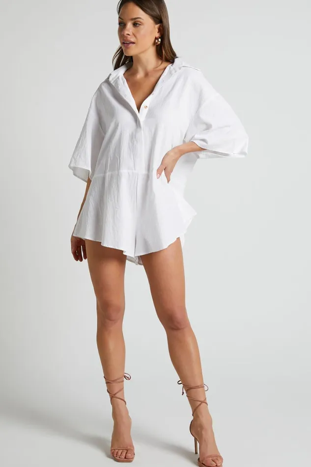 Ankana Playsuit 8211 Short Sleeve Relaxed Button Front Playsuit In White Women Showpo Rompers