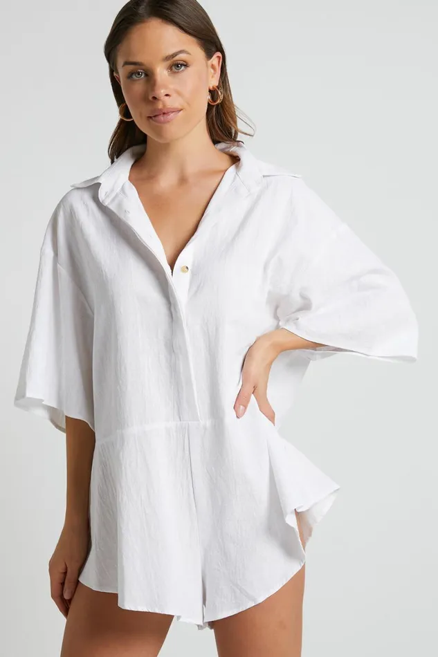 Ankana Playsuit 8211 Short Sleeve Relaxed Button Front Playsuit In White Women Showpo Rompers
