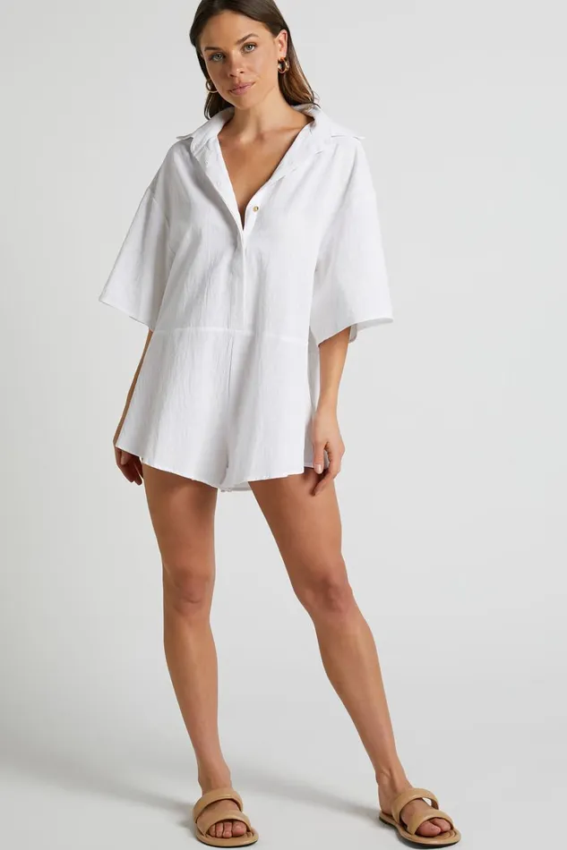 Ankana Playsuit 8211 Short Sleeve Relaxed Button Front Playsuit In White Women Showpo Rompers