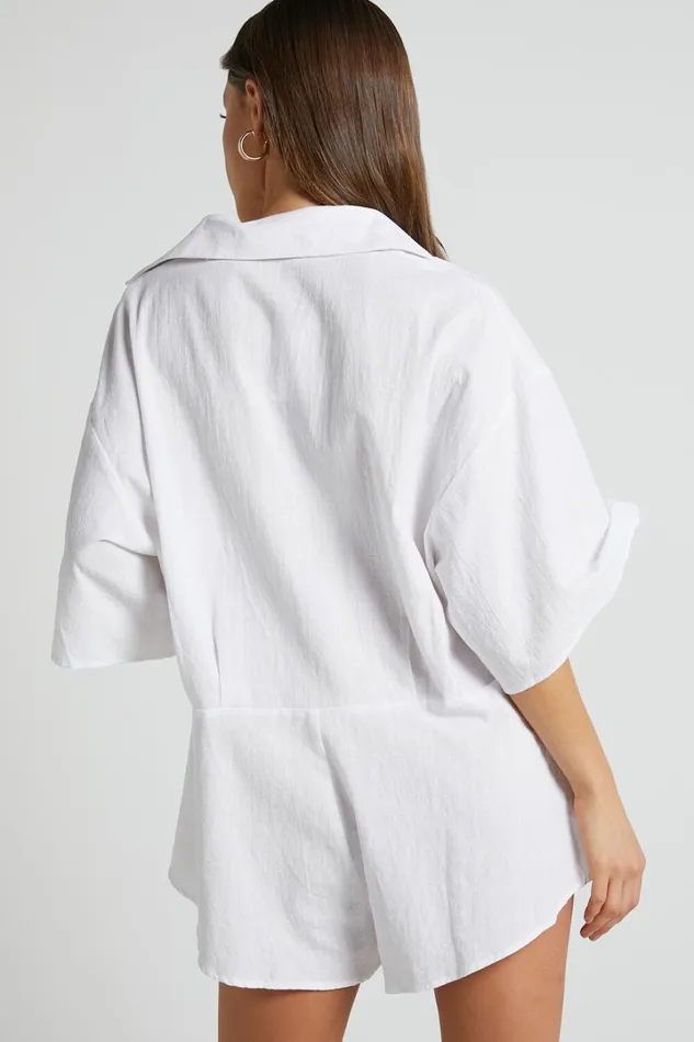 Ankana Playsuit 8211 Short Sleeve Relaxed Button Front Playsuit In White Women Showpo Rompers