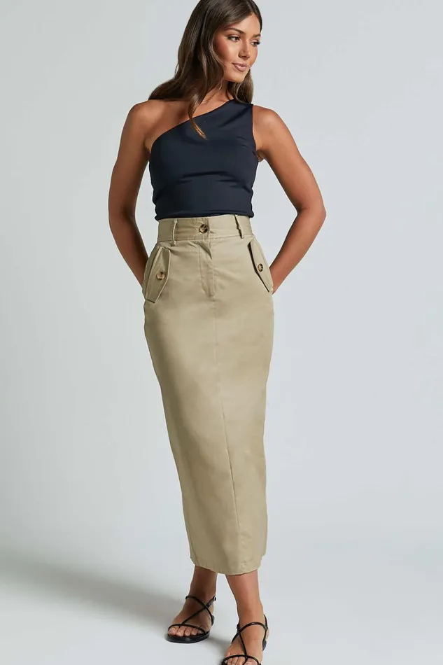 Anna Midi Skirt 8211 High Waisted Cargo In Sand Women Showpo Skirts