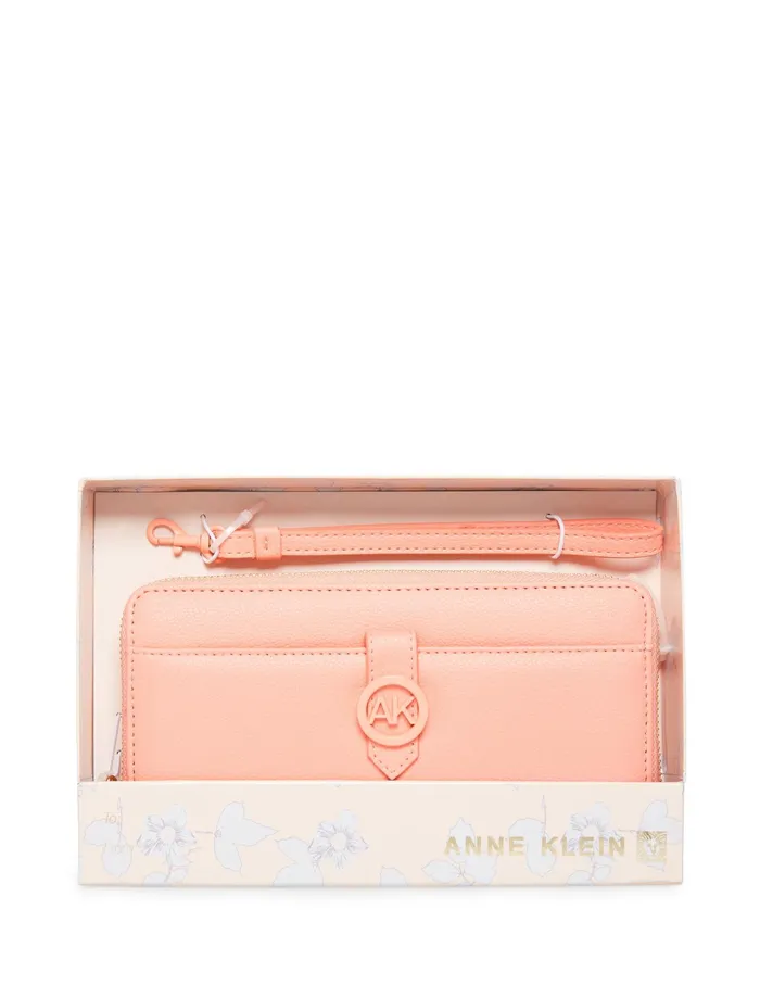 Anne Klein Boxed Slim Zip Wallet With AK Coated Hardware 038 Detachable Wristlet Coral Pink Women Handbags