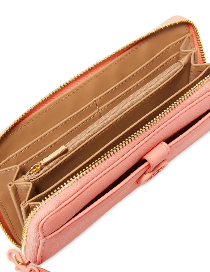Anne Klein Boxed Slim Zip Wallet With AK Coated Hardware 038 Detachable Wristlet Coral Pink Women Handbags