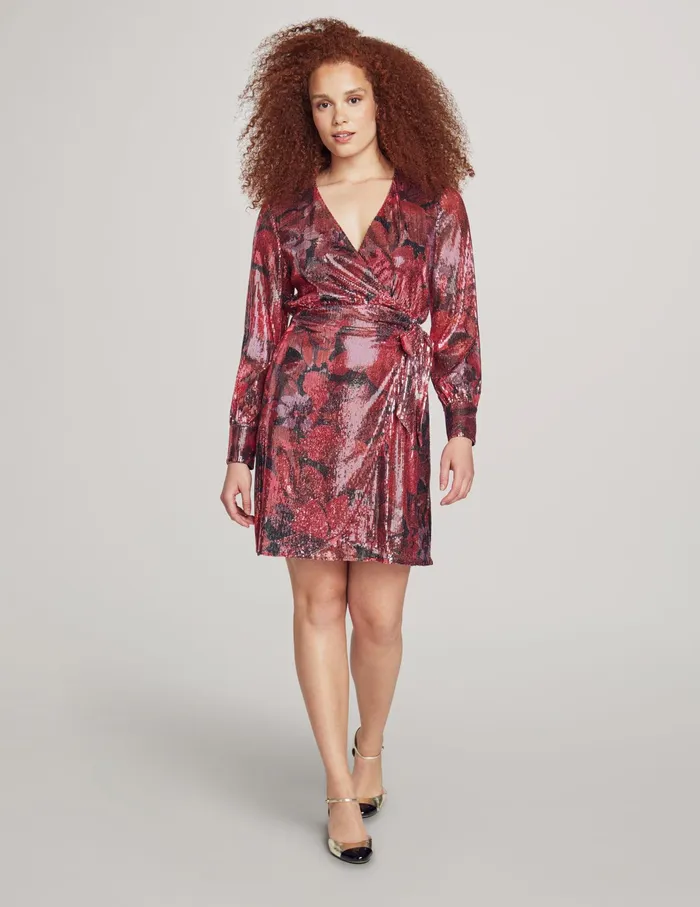 Anne Klein Faux Wrap Dress With Blouson Sleeves Titian Red Multi Women Clothing