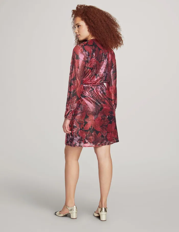 Anne Klein Faux Wrap Dress With Blouson Sleeves Titian Red Multi Women Clothing