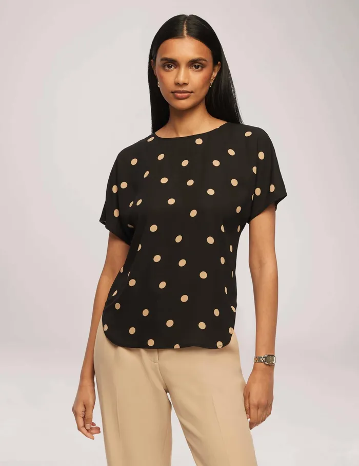 Anne Klein Large Dot Bateau Neck Short Sleeve Blouse Anne Black Women Clothing