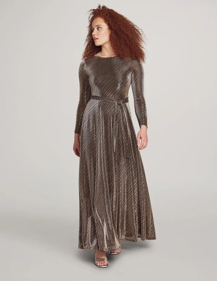 Anne Klein Printed Mesh Long Sleeve Maxi Dress Gold Women Clothing